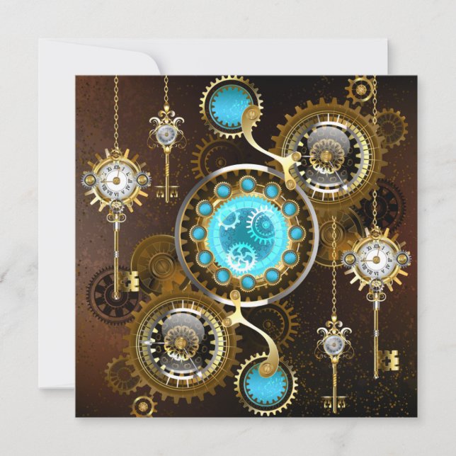 Faire-part Fond rouillé Steampunk avec verres turquoise (Devant)