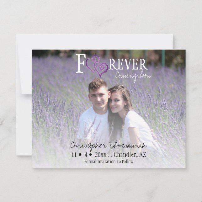 Faire-part FOREVER Enregistrez la date Cœurs violets liés (Devant)