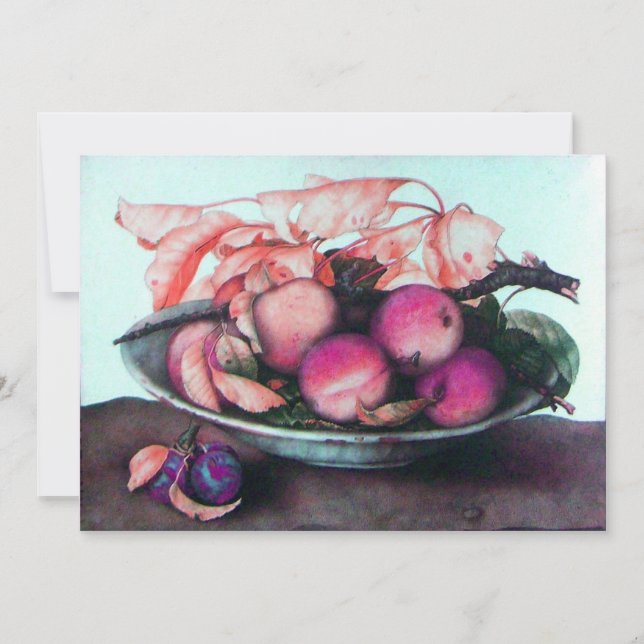 Faire-part FRUITS DE SAISON, PÉCHES, PRUNES, Bleu FEUILLE ros (Devant)