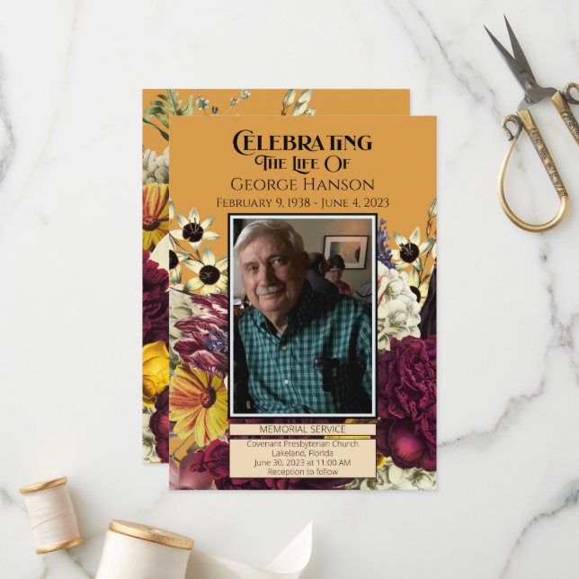 Faire-part funéraire Floral d'automne (Devant/Arrière en situation)