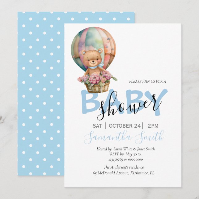 Faire-part Garçon Teddy Bearly Wait Hot Air Balloon bleu (Devant / Derrière)