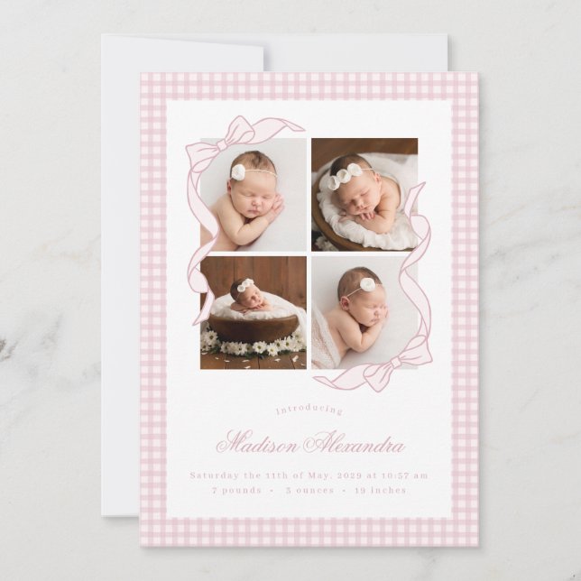 Faire-part Gingham Bow 4 Frame Photo Birth Announcement (Devant)