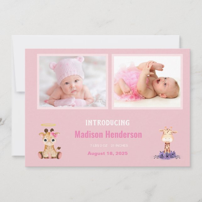 Faire-part Giraffe mignonne filles Photos Naissance (Devant)