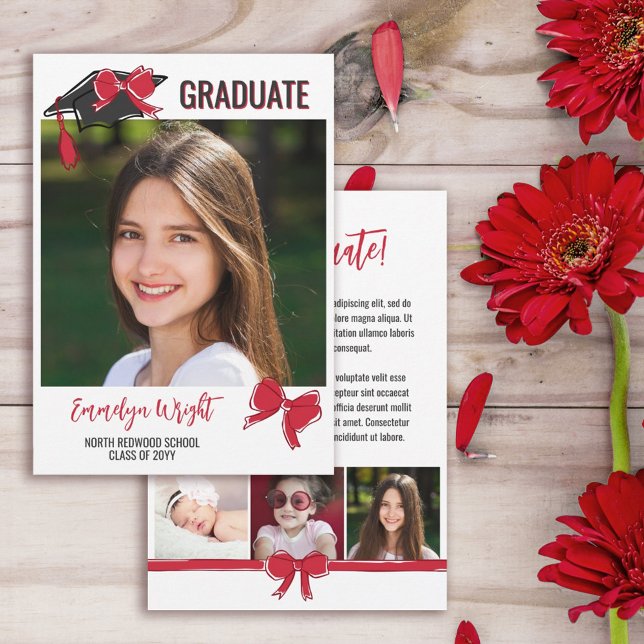 Faire-part Girly mignon Red Bows Photos Graduation (Créateur téléchargé)