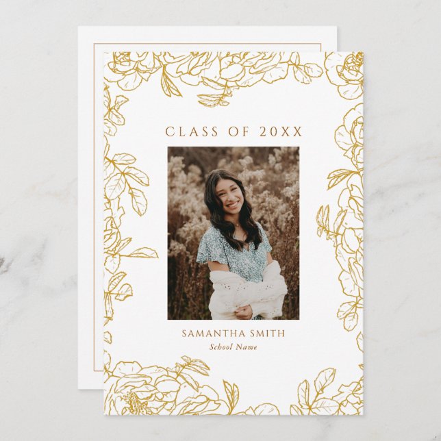 Faire-part Gold Floral Modern Typographie Photo Graduation (Devant / Derrière)