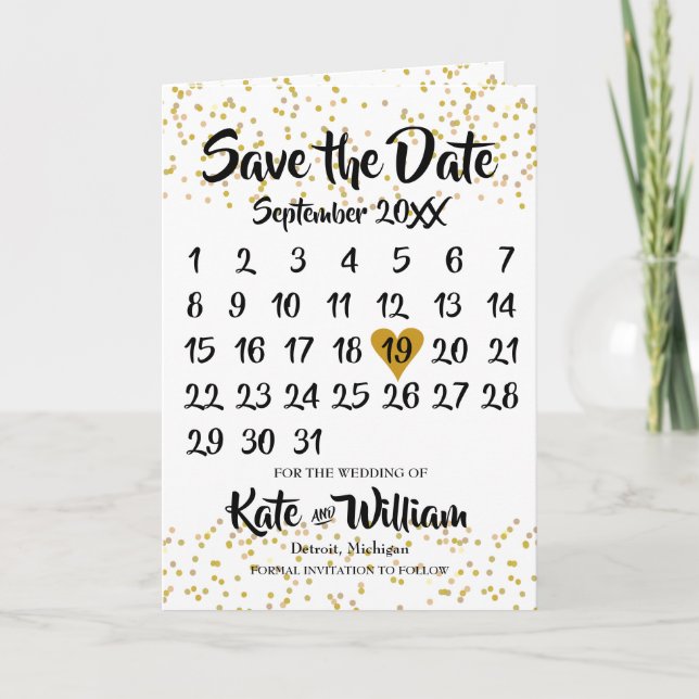 Faire-part Gold Love Heart Calendar Enregistrer la date (Devant)