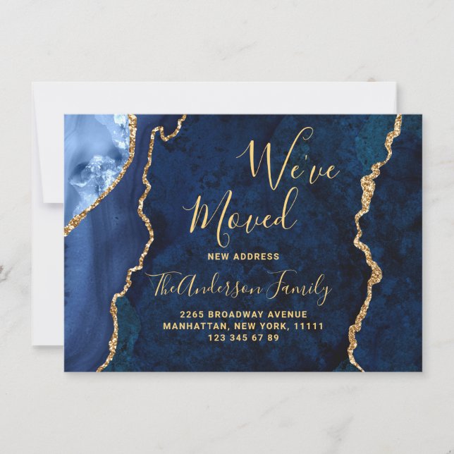 Faire-part Gold & Marine Blue Marble Agate Nouvelle adresse D (Devant)