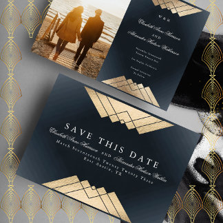 Faire-part Gold Navy Blue Gatsby Foil Enregistrer La Date