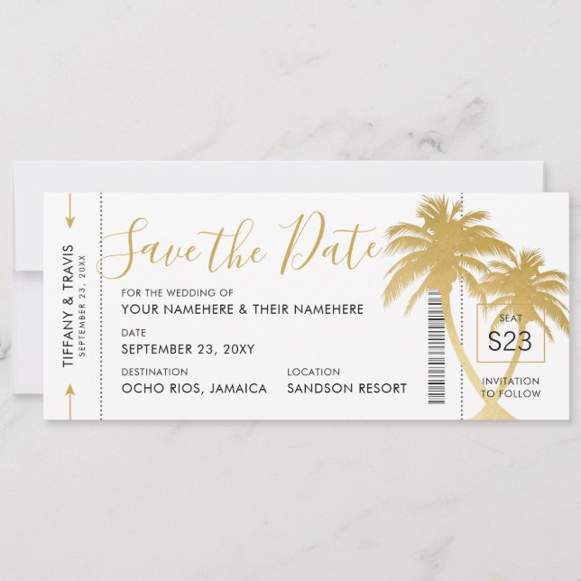 Faire-part Gold Palm Boarding Pass Ticket Save the Date Card (Devant)