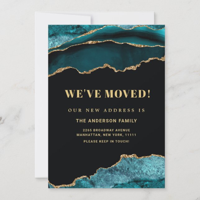 Faire-part Gold & Turquoise Marbre Bleu Nouvelle adresse Dépl (Devant)