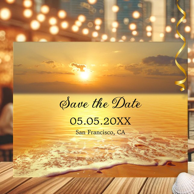 Faire-part Golden Sunset Beach ou Destination Enregistrer la  (Save the Date card featuring a golden sunset at the beach - with QR code template)