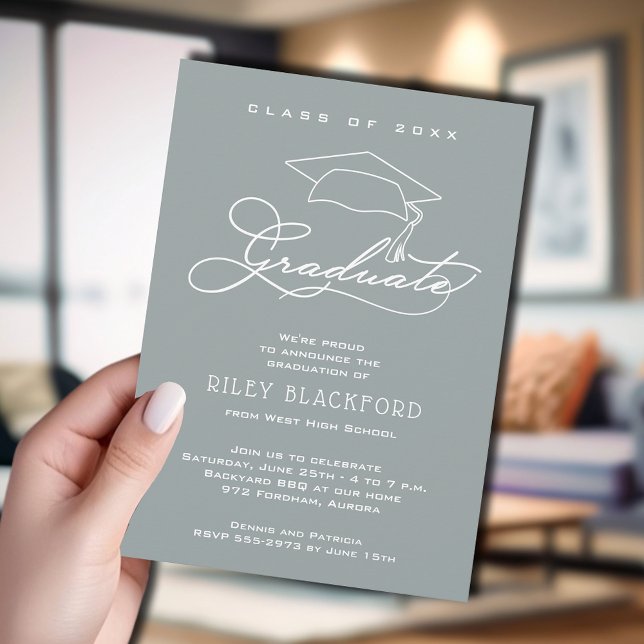 Faire-part Grad Casquette Silver Grey Graduation (Silver gray graduation announcement cards feature your details in chic white lettering.)