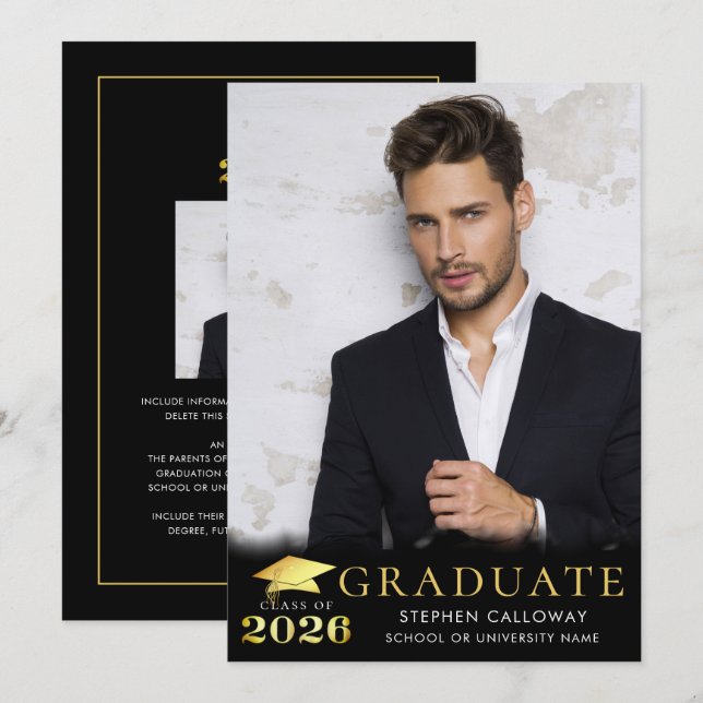 Faire-part Graduate 2025 Black Faux Metallic Gold 2 Photos (Devant / Derrière)