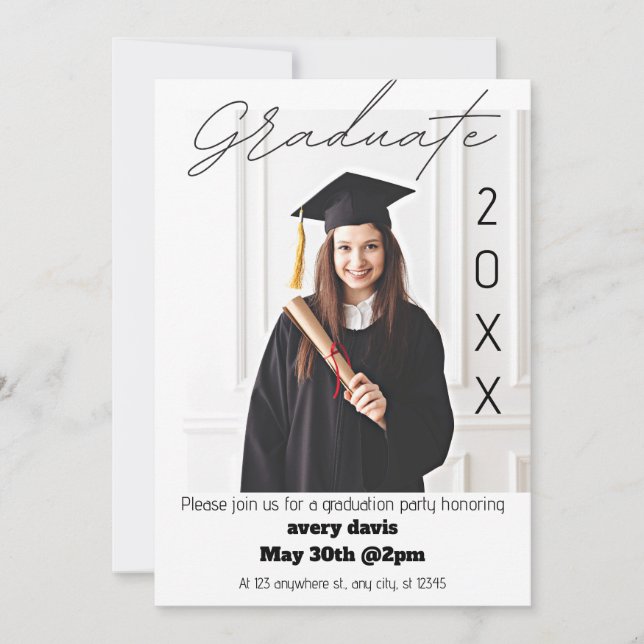 Faire-part Graduate 20XX Simple Photo White Grad Party Invita (Devant)