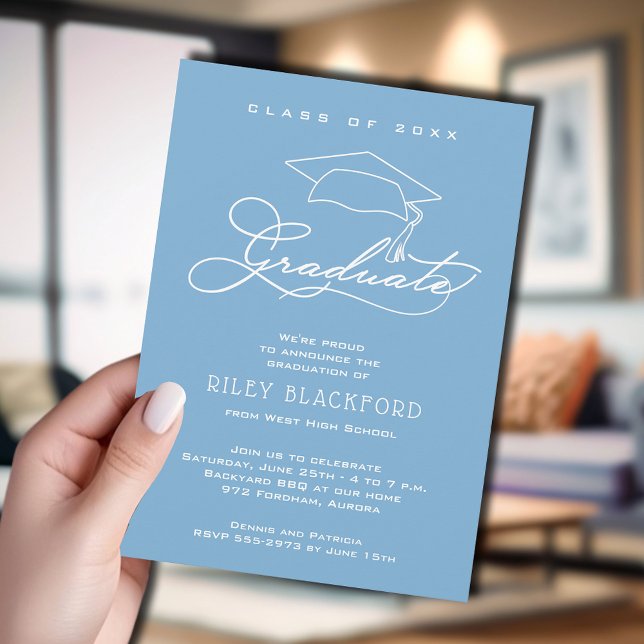 Faire-part Graduate Casquette Powder Blue Graduation (Powder blue graduation announcement cards feature your details in chic white lettering.)