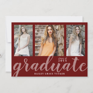 Faire-part Graduate moderne 3-Photo Collage Rouge Graduation
