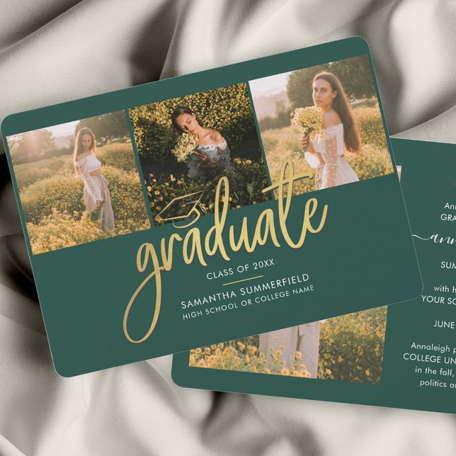 Faire-part Graduation 2025 Photo Collage Script Green Grad (Graduation 2024 Photo Collage Script Modern Grad Announcement)