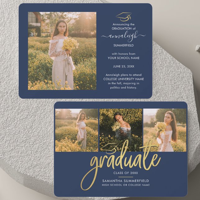 Faire-part Graduation 2025 Photo Collage Script Navy Blue (Graduation 2025 Navy Blue Script Photo Collage Announcement)