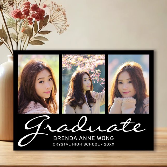 Faire-part Graduation 3 Photo Collage blanc Script noir (Modern 3 Photo Black with White Script Graduation Announcement)