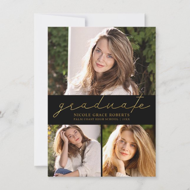 Faire-part Graduation 3-Photo Collage d'or moderne Script (Devant)