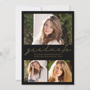 Faire-part Graduation 3-Photo Collage Preppy Gold Script