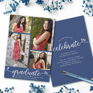 Faire-part Graduation 4 Photo Moderne Calligraphie Coeurs Ble