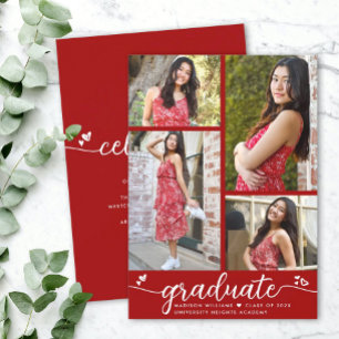 Faire-part Graduation 4 Photo Moderne Calligraphie Coeurs Rou