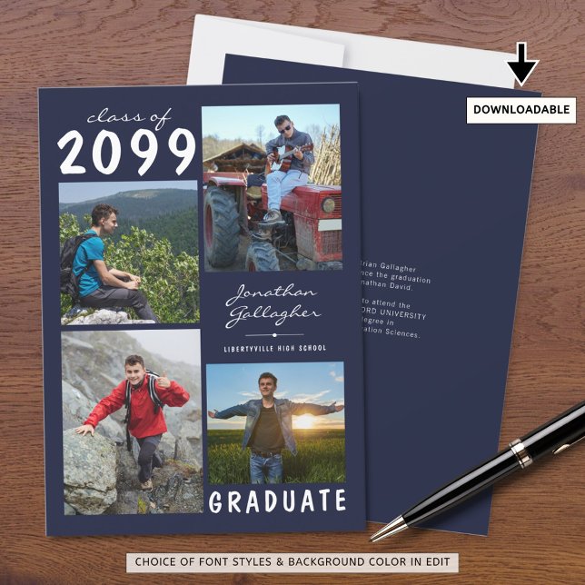 Faire-part Graduation 4 Photo Nom manuscrit | Marine & White (Créateur téléchargé)