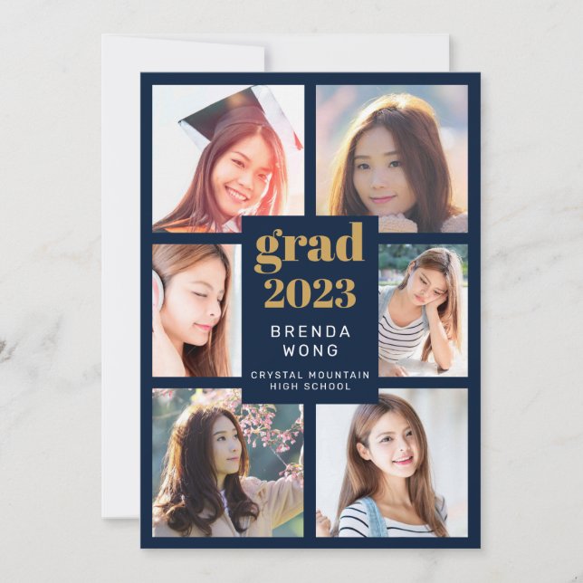 Faire-part Graduation 6 Photo Collage Or Blanc Script Bleu (Devant)