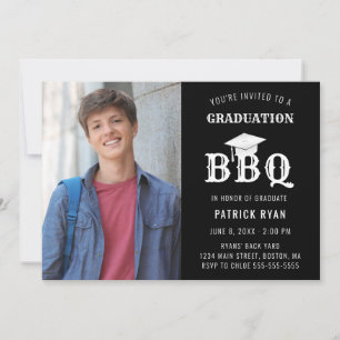 Faire-part Graduation BBQ Party Photo Black White Grad Casque