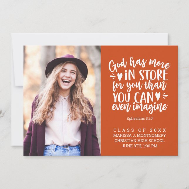 Faire-part Graduation Bible Verse Photo White Script Orange (Devant)