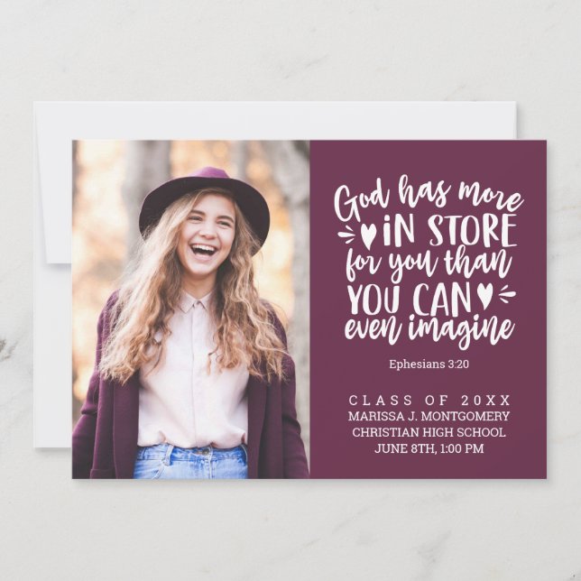 Faire-part Graduation Bible Verse Photo White Script Purple (Devant)