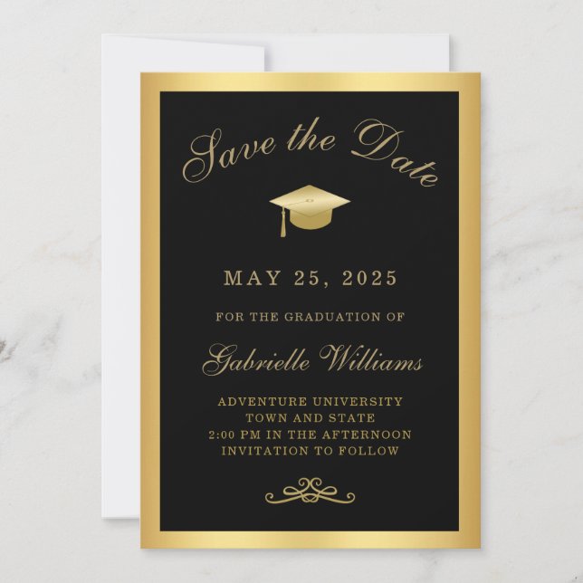 Faire-part Graduation Black Gold Frame Enregistrer la date (Devant)