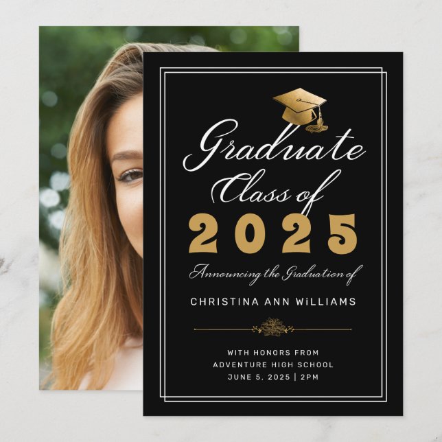 Faire-part Graduation Black Gold Script classe photo de 2023 (Devant / Derrière)