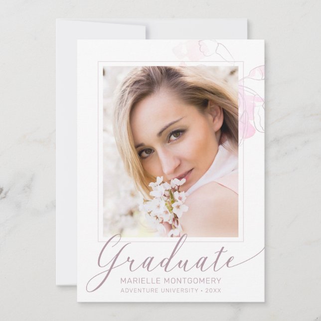 Faire-part Graduation Chic Dusty Rose Script photo florale (Devant)