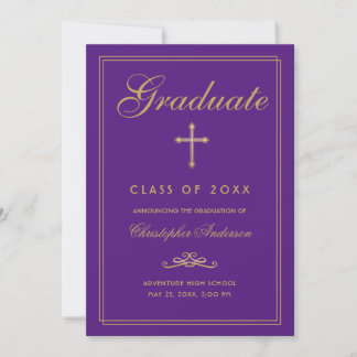 Faire-part Graduation Christian Purple Gold Cross Script