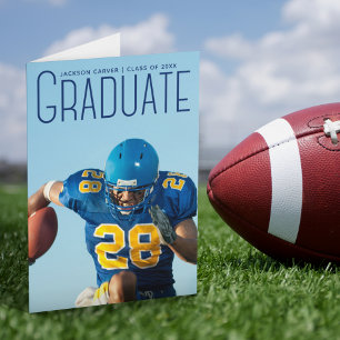 Faire-part Graduation du joueur de football Photo Script bleu