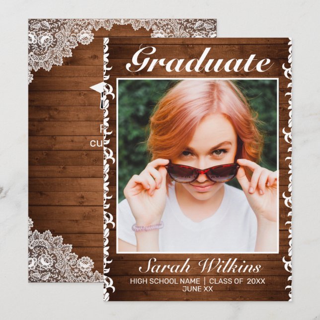 Faire-part Graduation en bois rustique et dentelle blanche (Devant / Derrière)