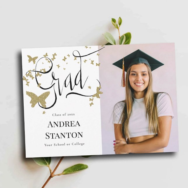 Faire-part Graduation Gold Butterflies Grad Calligraphie (graduation announcement grad handwritten calligraphy gold butterflies photo high school college)