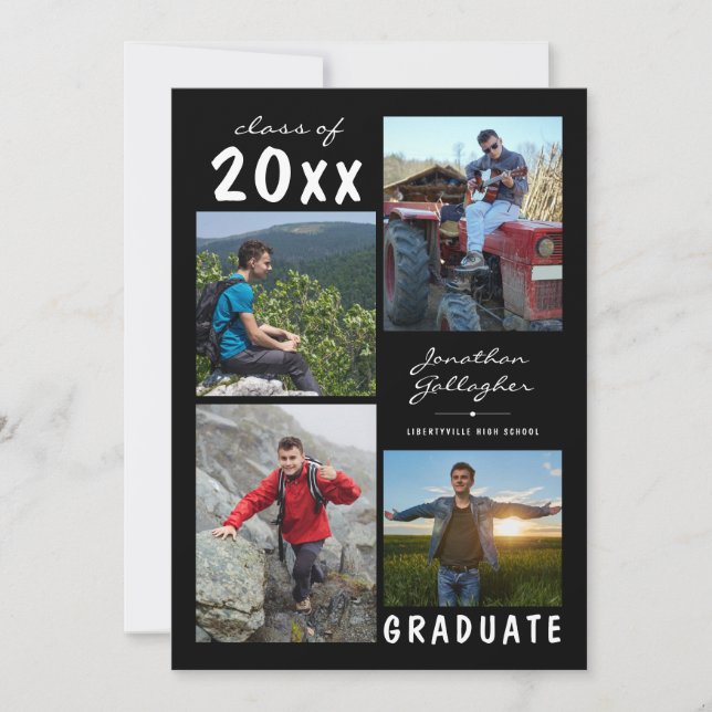 Faire-part Graduation manuscrite Nom 4 Photo Collage noir (Devant)