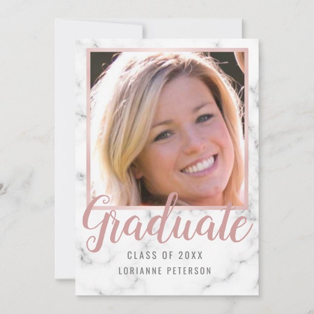 Faire-part Graduation Marbre Rose Gold Photo Gris Script (Devant)