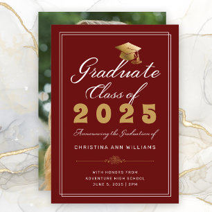 Faire-part Graduation Maroon Gold Script Classe de photo de 2