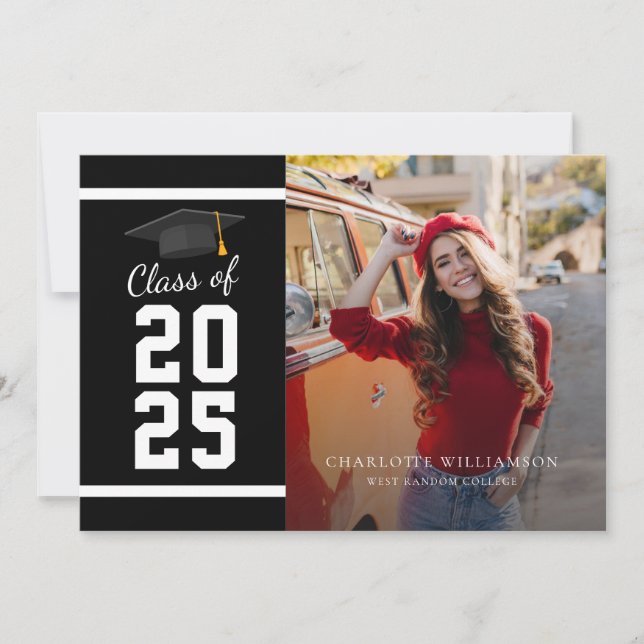 Faire-part Graduation moderne 2025 noir blanc noir photo Grad (Devant)