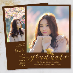 Faire-part Graduation moderne 2 Photo Gold Script Casquette B