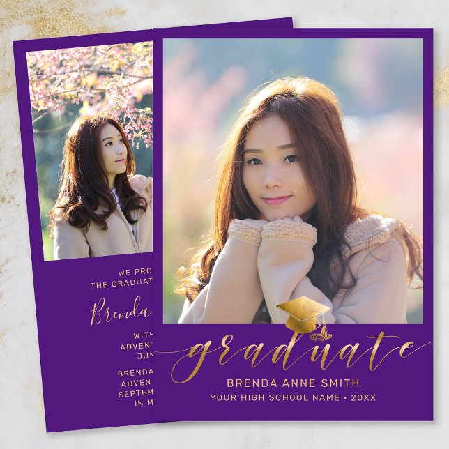 Faire-part Graduation moderne 2 Photo Gold Script Casquette v (Modern Two Photo Gold Script on Purple Graduation Announcement)
