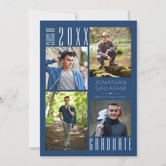 Faire-part Graduation Moderne Classe Bleue Année Photo Collag (Devant)