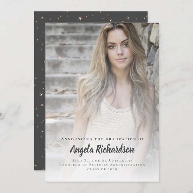 Faire-part Graduation moderne Élégant Script Typographie Phot (Devant / Derrière)