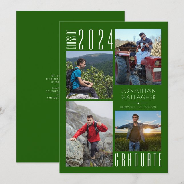 Faire-part Graduation moderne Green Four Photos Collage (Devant / Derrière)