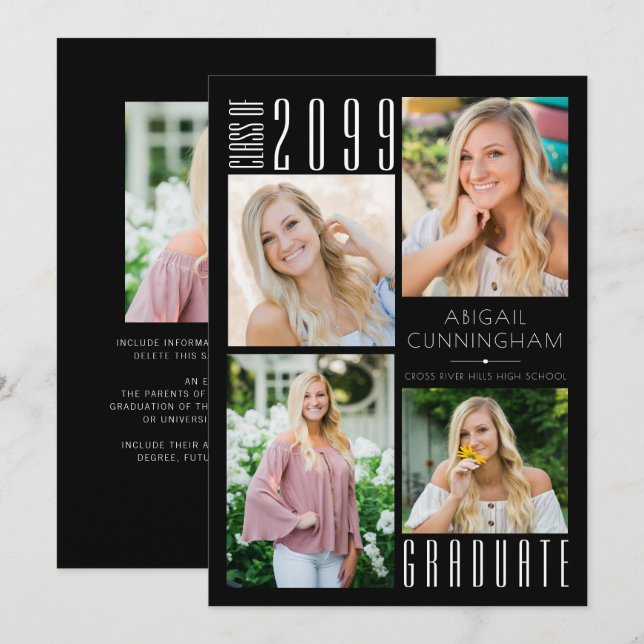 Faire-part Graduation moderne noir blanc 5 photo (Devant / Derrière)