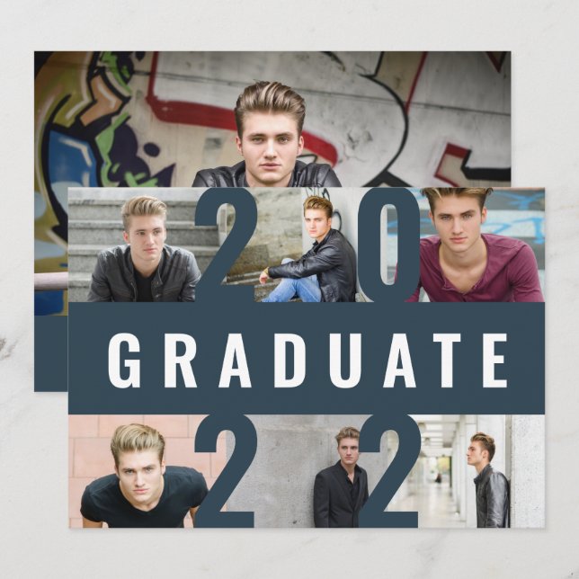 Faire-part Graduation moderne photo collage graphique marine  (Devant / Derrière)